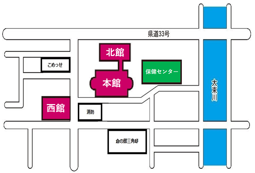 宇多津町役場（本館・北館・西館）、保健センターの配置図の画像