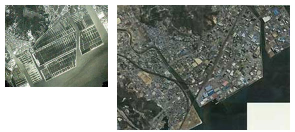 塩田の航空写真（昭和29年・左写真）／現在の宇多津の航空写真（右写真）